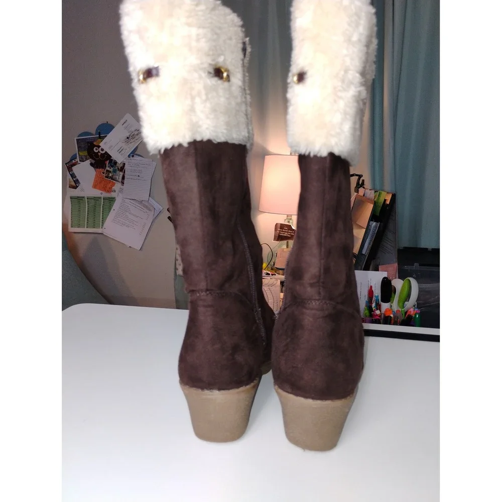 Girls Brown Faux Suede Fur Trimmed Winter Snow Boots Wedge Heel‎ Kids Size